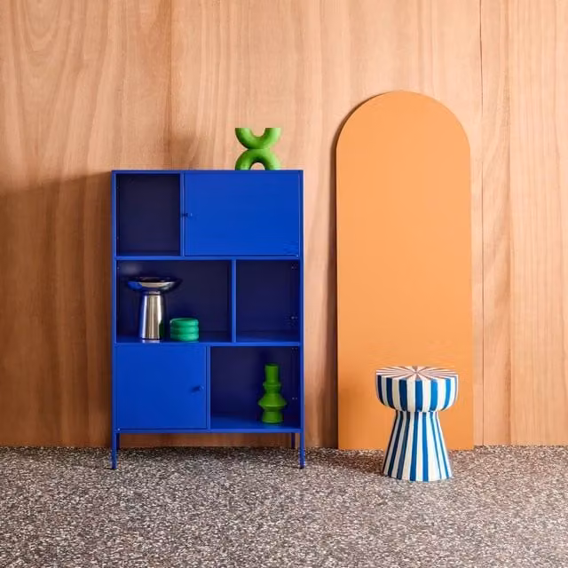 sweeek Industrial Metal Storage Cabinet with Hinged Doors and Internal Shelves in Matt Blue, W/D/H: 125 x 40 x 80 cm – 1