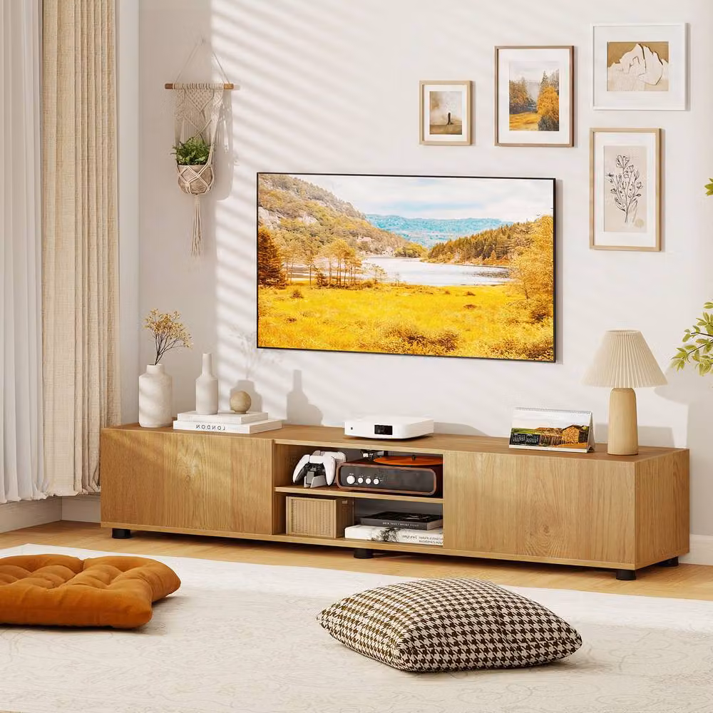 Gymax Modern Wood and Metal TV Stand for up to 70 inch TVs in Brown and Beige – 3