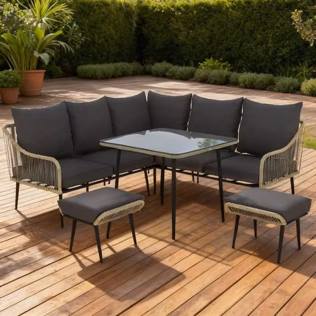ERGOVEXA Six-Piece L-Shape Rattan Garden Sofa Set in Grey with Upholstered Cushions and Powder Coated Steel Frame – 1