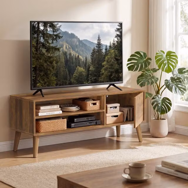 VASAGLE Mid-Century Brown Rubberwood TV Cabinet with Door and Open Shelves