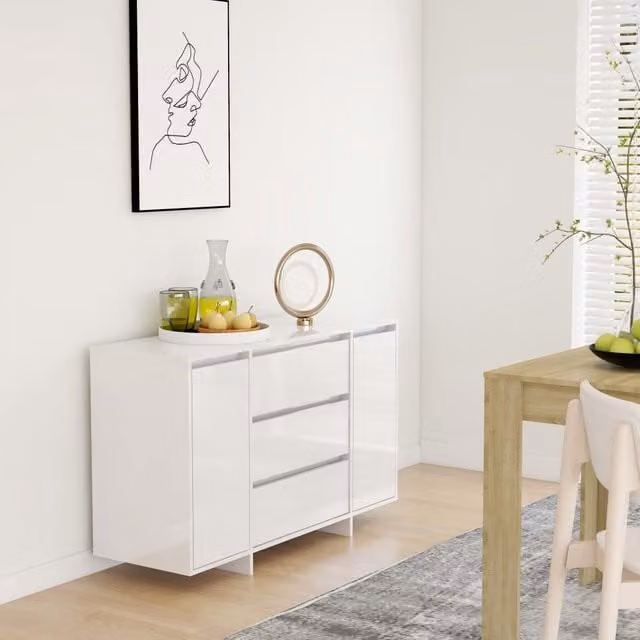 Berkfield Home Modern High Gloss White Sideboard with 3 Drawers, W/D/H: 120 x 41 x 75 cm