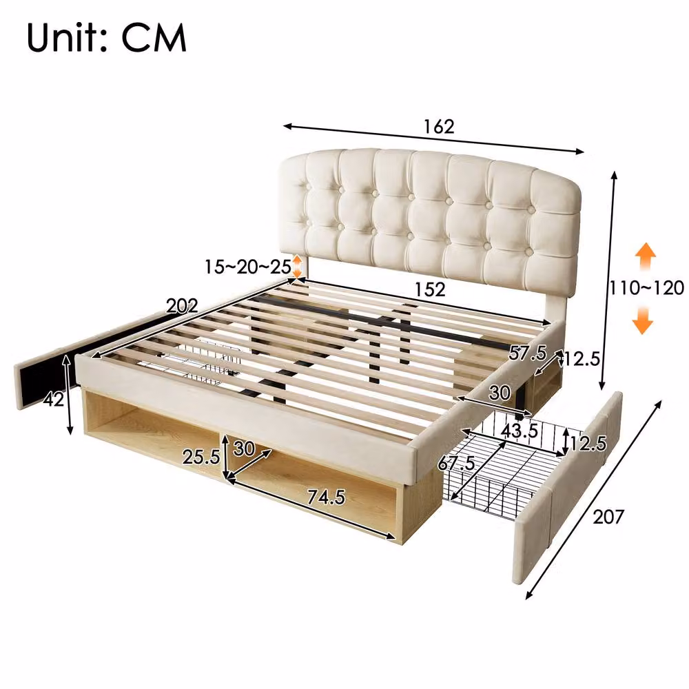 Rolipo Beige Velvet Upholstered 5ft King Size Bed with Storage Drawers, W/D/H: 180 x 200 cm – 2