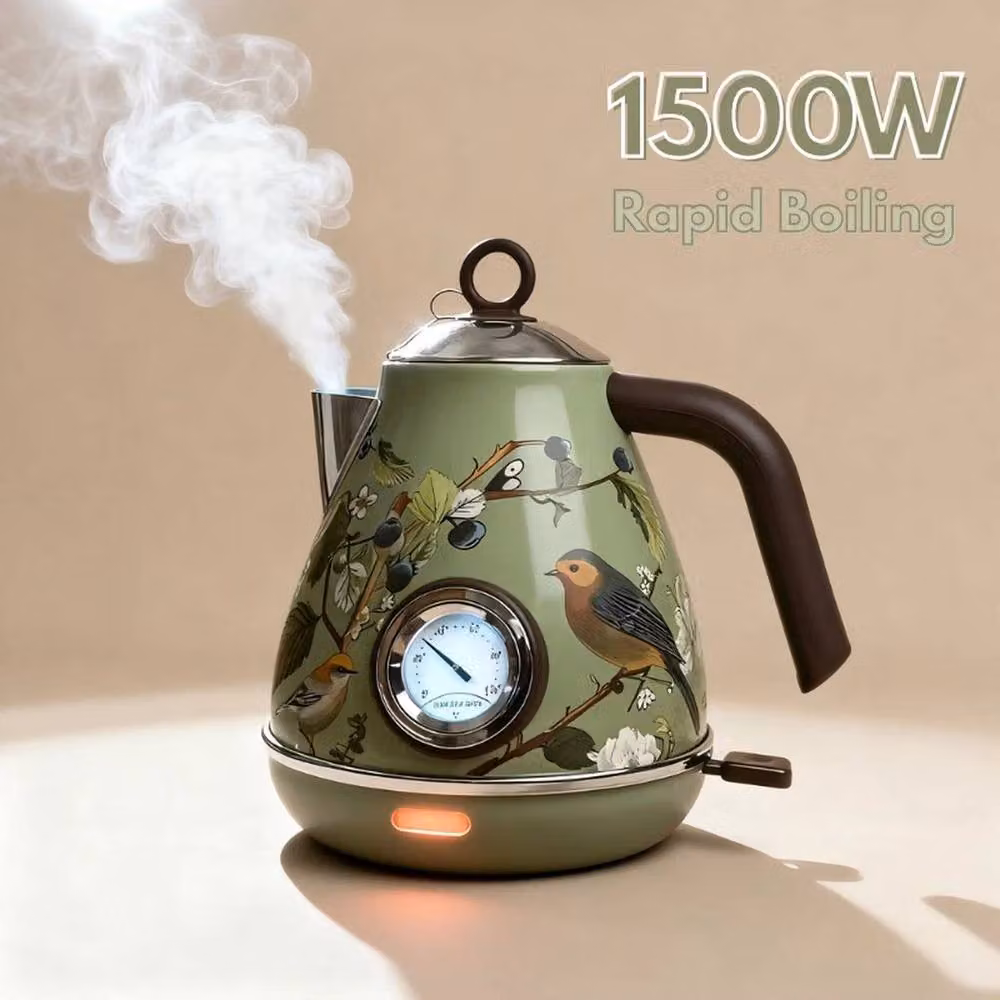 NESTLUNE Retro Bird Print Electric Kettle with Thermometer in Green Stainless Steel, 1000ml – 3