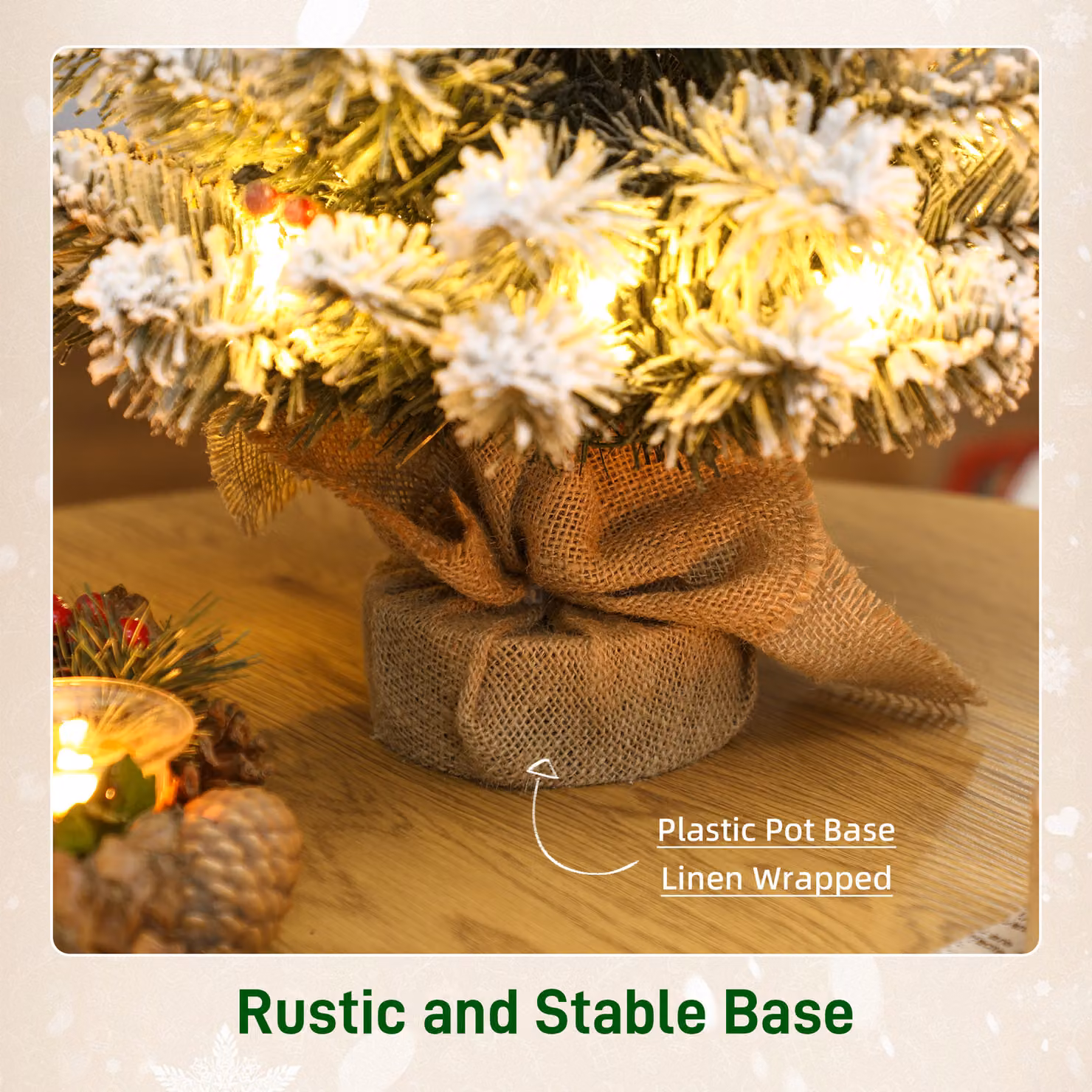 HOMCOM Green Snow Flocked Tabletop Mini Christmas Tree with 35 LED Lights and Linen Cover Base, 60 cm – 5
