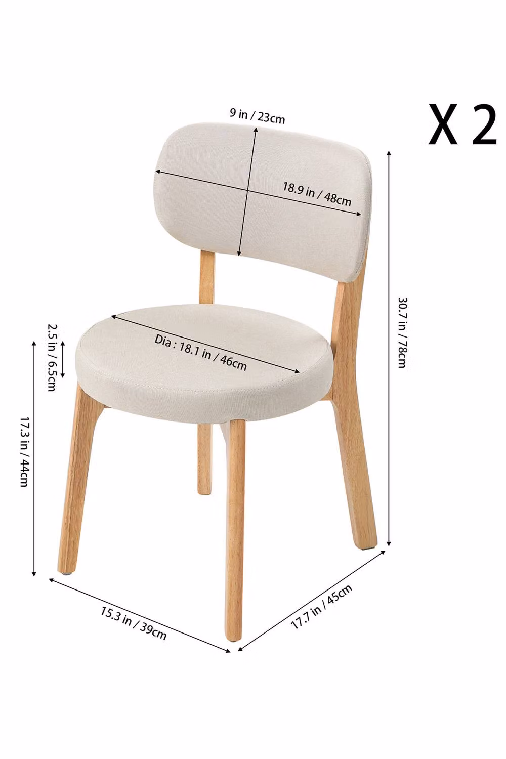 ExtraStar Set of 2 Scandinavian Dining Chairs in Cream Linen Fabric with Rubberwood Legs – 5