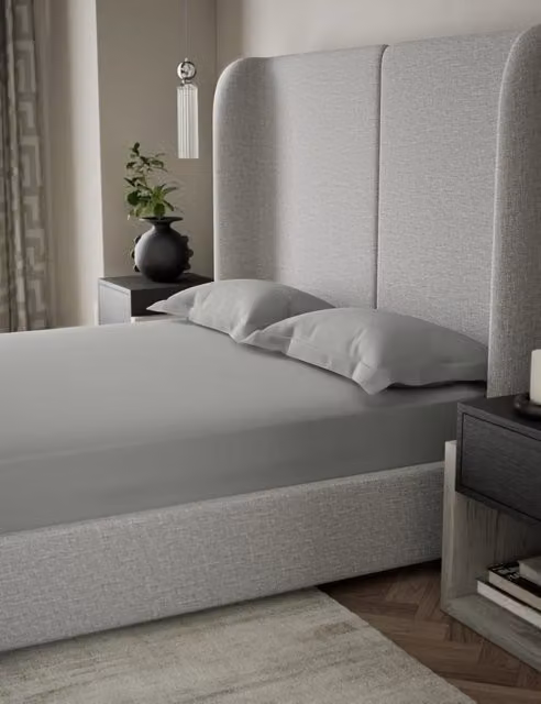 M&S Kelly Hoppen 500 Thread Count Cotton Mako Satin Extra Deep Fitted Sheet, Grey, W: 140 cm, D: 200 cm, H: 38 cm