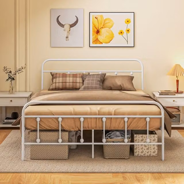 HOMCOM White Metal Platform Bed Frame with Storage, W/D/H: 90 x 190 cm