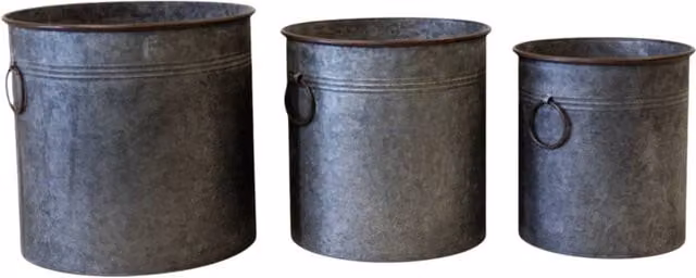 Four Candle Set of 3 Round Galvanised Steel Metal Garden Planters in Grey
