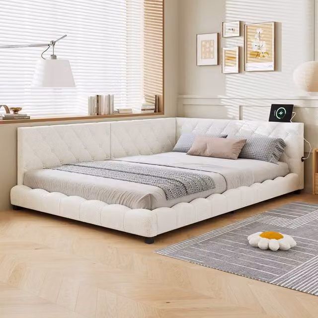 BTM Modern Upholstered Bouclé Bed in White with USB Charging Port, W/D/H: 140 x 200 x 104 cm – 1