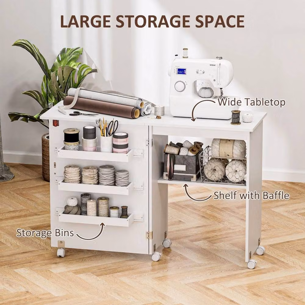 NESTLUNE Foldable Drop Leaf Sewing and Craft Table with Castors, White, W/D/H: 100 x 100 x 77.5 cm – 3