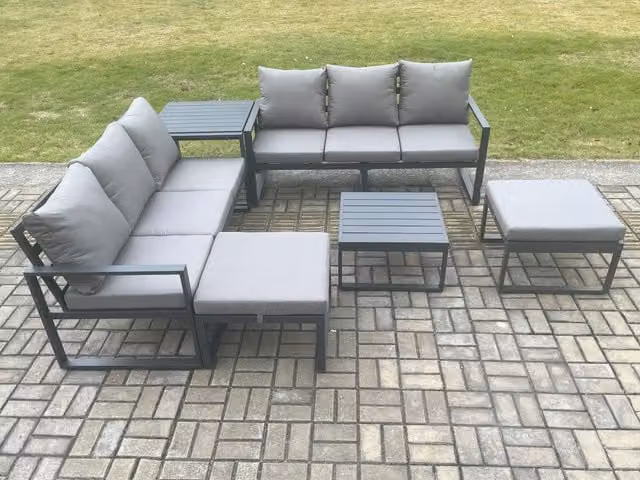 Fimous 8 Seater Aluminium Garden Furniture Set in Dark Grey with Cushions, Coffee Table and Ottoman