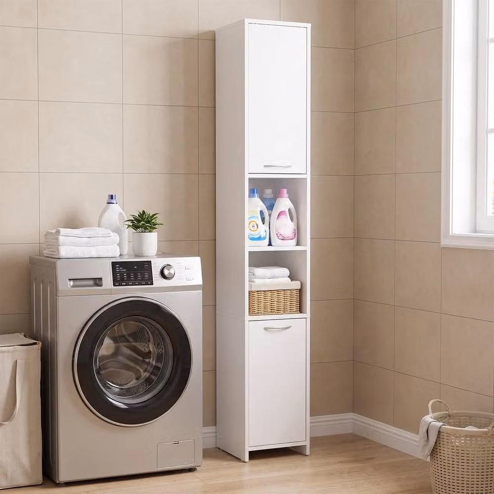 KORVIXA White Wooden Bathroom Storage Cabinet with Hinged Doors and Open Shelf, W: 70 cm, H: 65 cm – 2