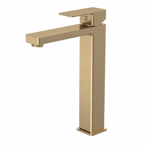 Balterley Tall Basin Mixer Tap in Brushed Brass, High Rise Monobloc Single Lever Tap with Square Body and Flat Spout, W/D/H: 5.0 x 19.0 x 27.1 cm – 1