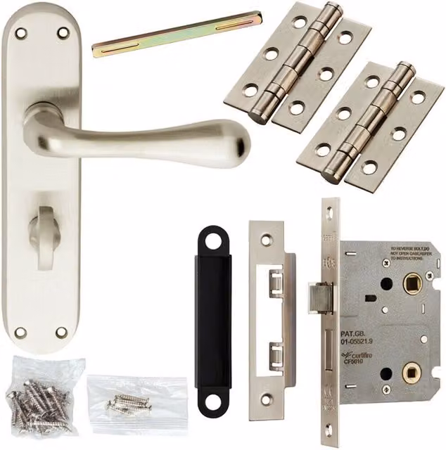Loops Door Handle and Bathroom Lock Pack in Satin Chrome with Smooth Flared Lever Backplate – 1