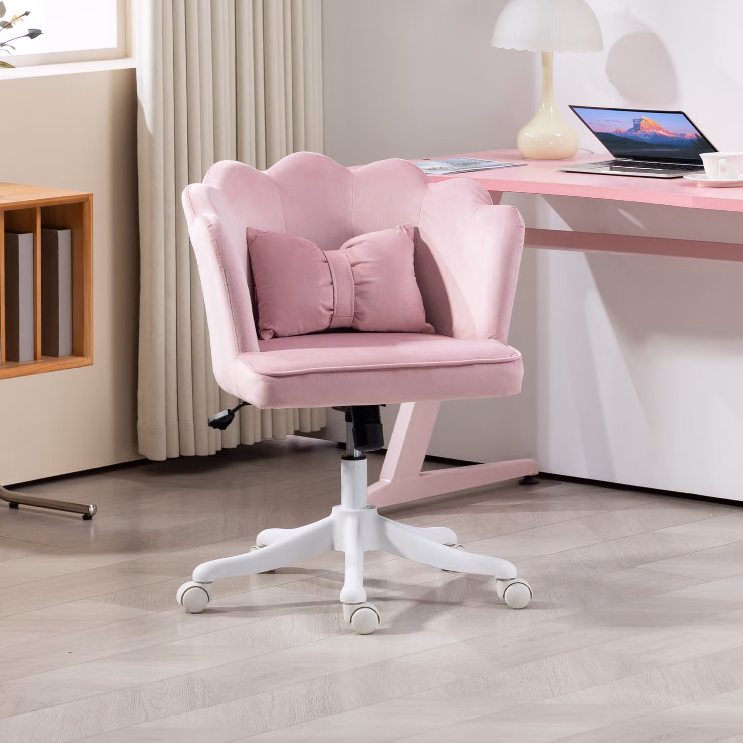 HOMCOM Pink Velvet Office Chair with Petal Shell Back, Lumbar Pillow and Height Adjustable Swivel Function – 2