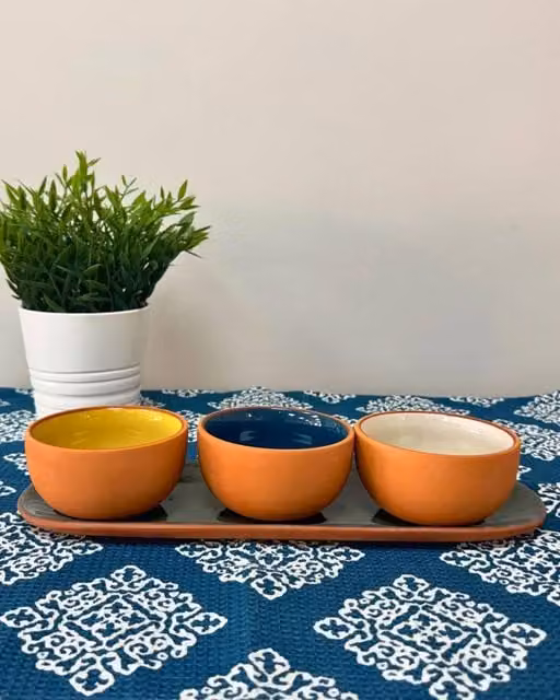 Dexam Sintra Glazed Terracotta Set of 3 Multicolour Round Ceramic Snack Bowls