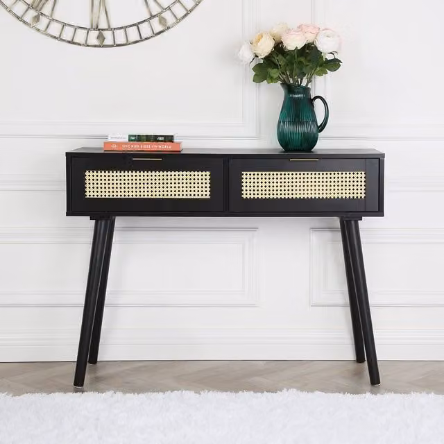 Home Garden Direct Craven Black Lacquered Console Table with Rattan Cane Front