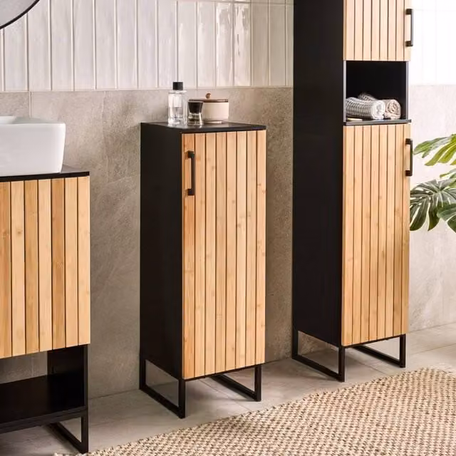 Wyld and Coco Bamboo Bathroom Cabinet with Matte Black Frame in Brown, W/D/H: 90 x 30 x 30 cm – 1