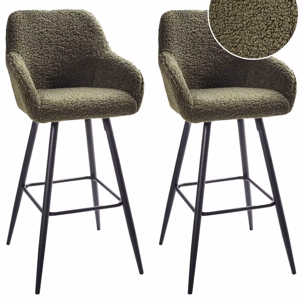 Wyld and Coco Set of 2 Dark Green Boucle Bar Stools with Armrests and Backrest – 2