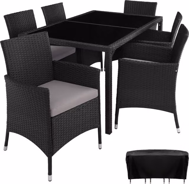 tectake Modern Rattan Garden Furniture Set with Protective Cover in Black, Grey and Cream