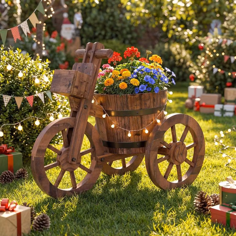 NESTLUNE Brown Wooden Decorative Herb Planter with Wheels for Indoor and Outdoor Use, W: 54.0 cm, D: 29.0 cm, H: 54.0 cm – 6
