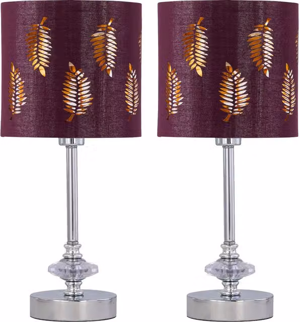 First Choice Lighting Set of 2 Chrome Jewelled Table Lamps with Burgundy Fabric Shades, H 33 cm x W 15.5 cm x D 15.5 cm