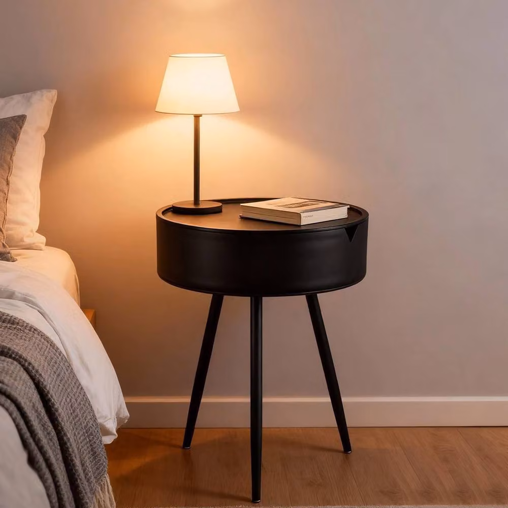 VOGREX Modern Round Black Metal Side Table and Bedside Nightstand – 4