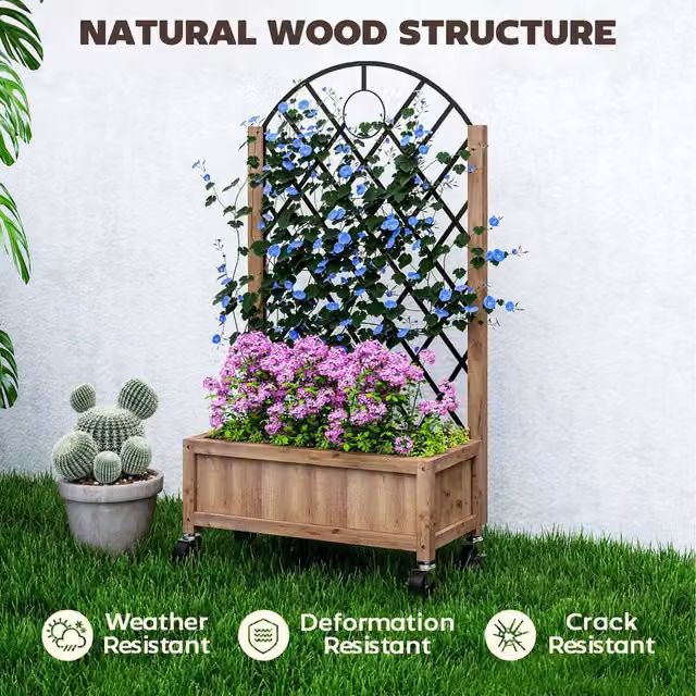 Outsunny Brown Wooden Planter with Metal Trellis and Drainage Holes