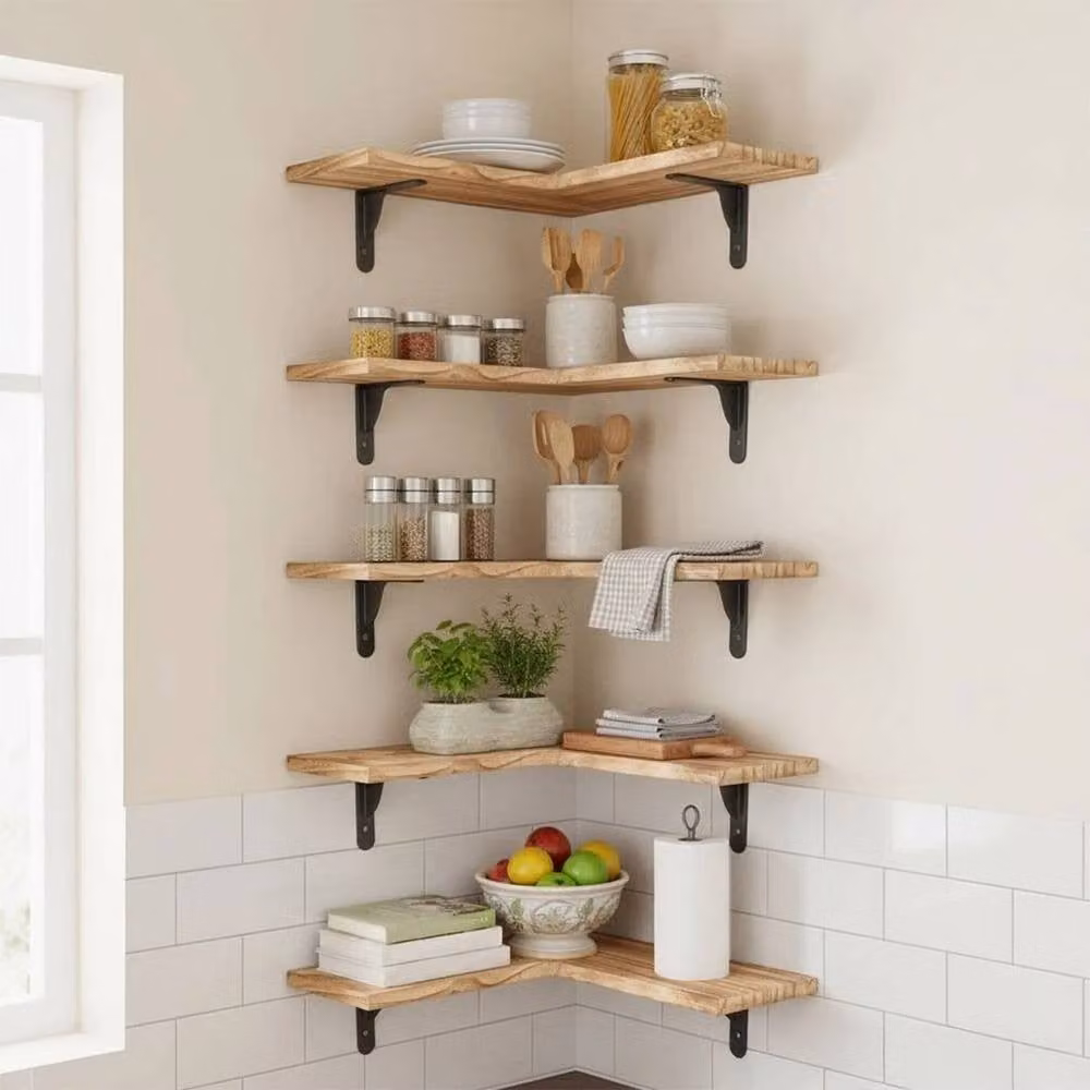 KORVIXA Set of 5 L-Shape Floating Corner Wall Shelves in Beige and Brown Wood – 2