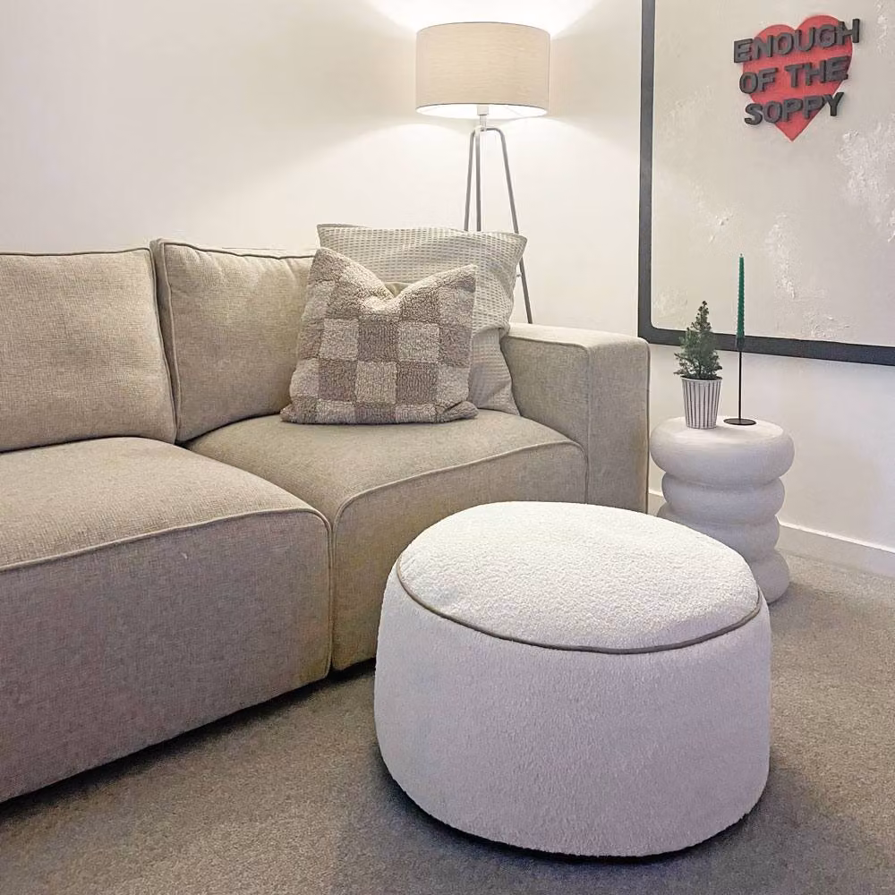 rucomfy Indoor Bean Bag Pouffe Snug Drum Footstool in Beige Bouclé Fabric – 3