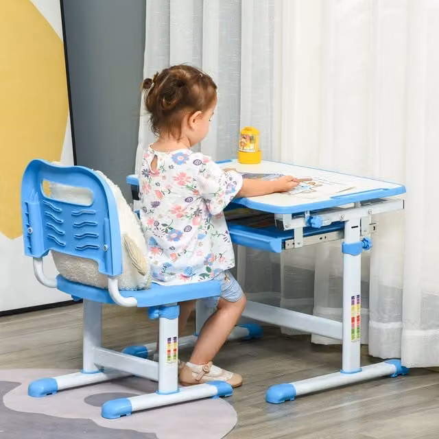HOMCOM Height Adjustable Kids Desk and Chair Set in Blue – 1
