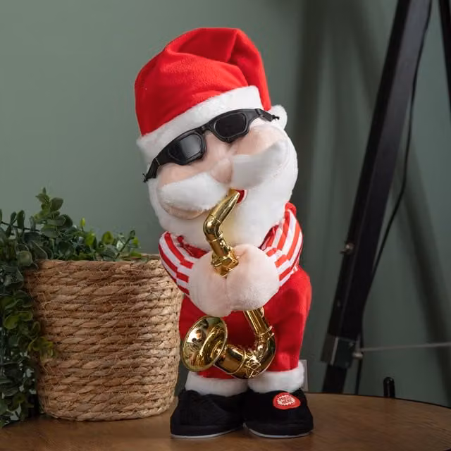 Samuel Alexander Animated and Singing Santa with Saxophone Tabletop Decoration, Red, White, Black and Gold, Height: 35 cm