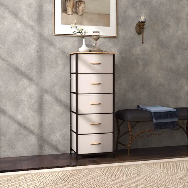 HOMCOM Modern Chest of Drawers with 5 Fabric Drawers and Steel Frame, Beige