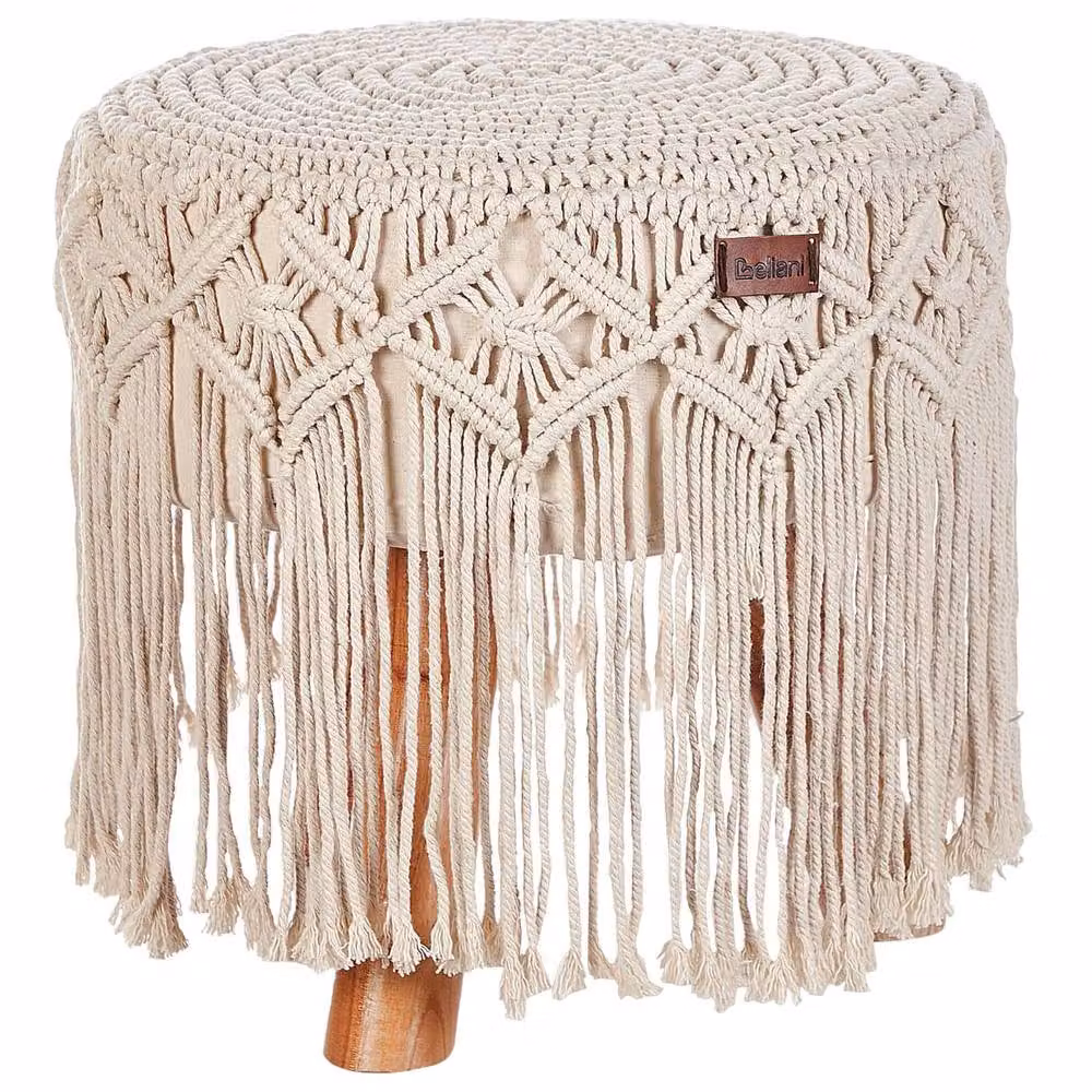 Wyld and Coco Beige Handwoven Macramé Cotton Pouffe with Wooden Legs W/D/H: 40 x 40 x 50 cm – 2