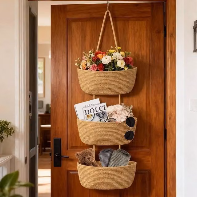 EONLION 3-Tier Over the Door Hanging Storage Basket in Brown with Open Weave Rattan and Seagrass Design, Width: 50 cm – 1