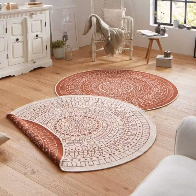 THE RUGS Porto Reversible Indoor Outdoor Round Flatweave Polypropylene Rug in Red, Diameter: 240 cm