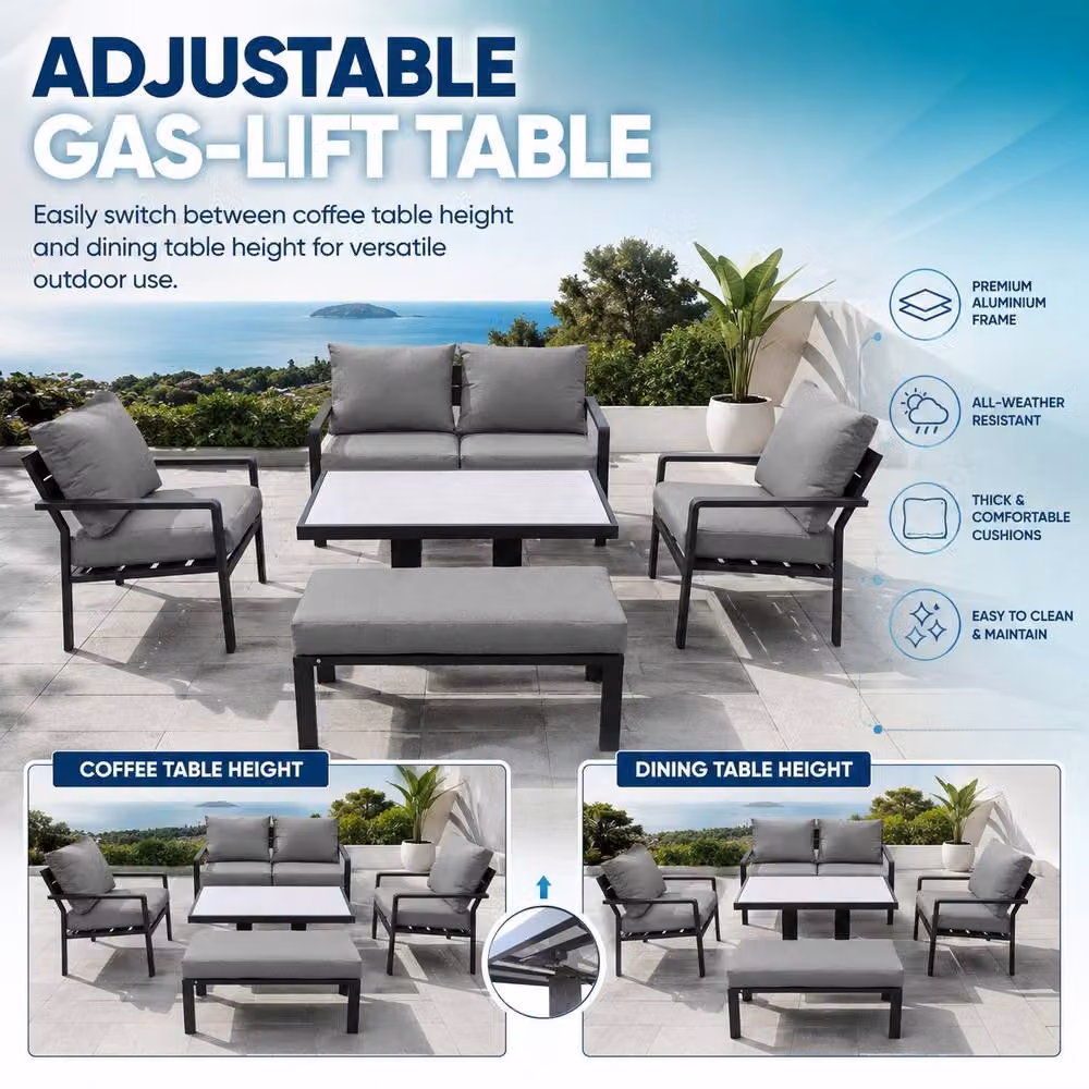 Shatchi 4 Seater Grey Aluminium Garden Sofa Set with Height Adjustable Gas Lift Glass Table – 3