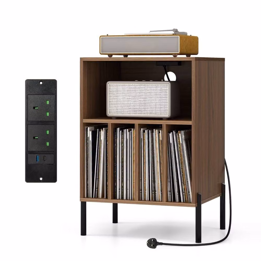 Costway Vinyl Record Player Stand with Integrated Charging Station in Walnut – 2