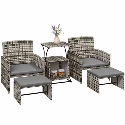 Outsunny 6 Piece L-Shape Rattan Garden Furniture Set with Upholstered Cushions and Coffee Table in Grey – 1