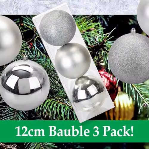 VFM e-Store Silver Round Christmas Baubles, 3 Pack, Diameter: 12 cm – 6