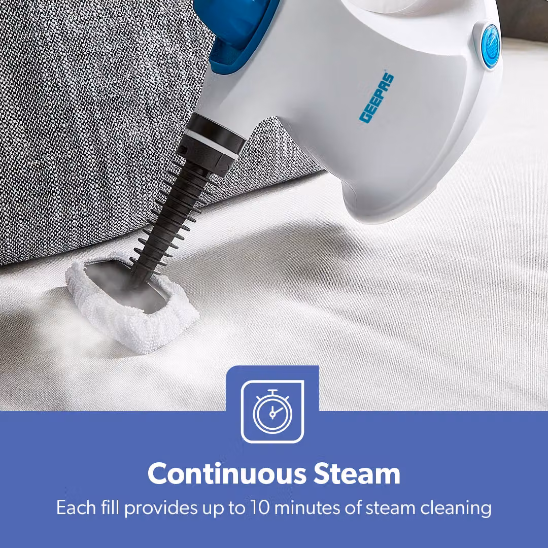 Geepas Handheld Steam Cleaner 1050W with 110°C High-Temperature Steam, 10 Minute Runtime and 9 Accessories in Blue and White – 4