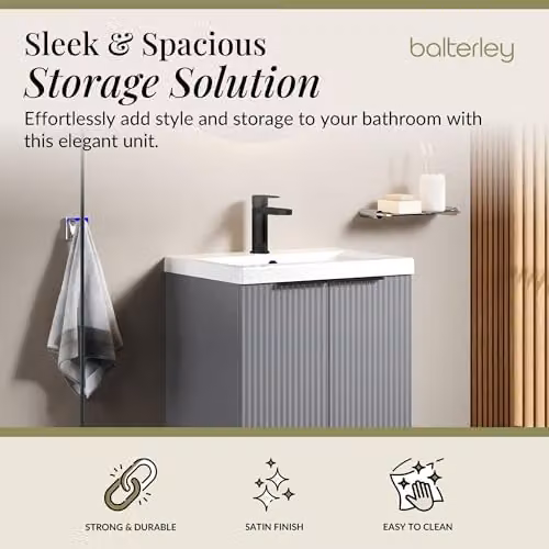Balterley Grey Floor Standing Bathroom Vanity Unit with Basin and Fluted Front, 2 Soft Close Doors, W: 51 cm, D: 39 cm, H: 85 cm – 2