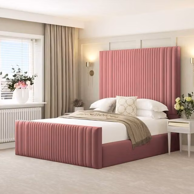 Bed Choices Aspire King Size Upholstered Ottoman Bed Frame with Gas Lift Storage and 70 inch Headboard in Pink Velvet