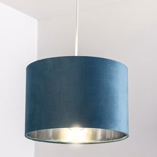 CGC Lighting Nila Modern Round Teal Velvet and Silver Drum Pendant Lamp Shade Diameter: 30 cm