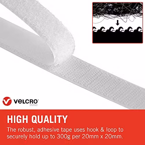 VELCRO Brand Double Sided Stick On Hook and Loop Self Adhesive Tape, White, Width: 20 mm, Length: 2.5 m – 2