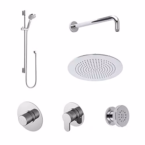 nuie SBR134ST3 Arvan Spa Modern Bathroom Shower Bundle in Chrome with Temperature Valve, 3 Stop Taps, Arm, Head, Slide Rail Kit and 3 Body Jets