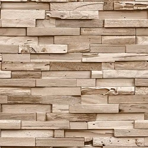 Grandeco Colorado Stacked Wood Block Plank Effect Textured Vinyl Wallpaper in Beige