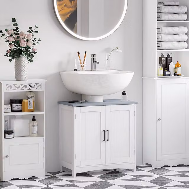 kleankin Freestanding Pedestal Under Sink Cabinet with Hinged Doors in White