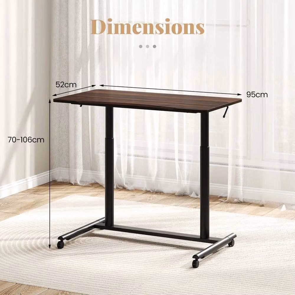 VOGREX Brown C-Shaped Mobile Sit Stand Desk with Manual Crank and Castors – 2