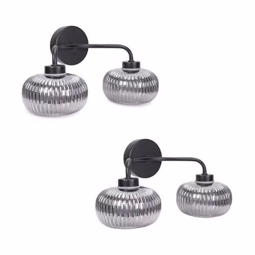 ValueLights Pair of Matte Black 2 Way Up and Down Wall Lights with Smoked Glass Shades and LED Bulbs, IP44 Rated – 1